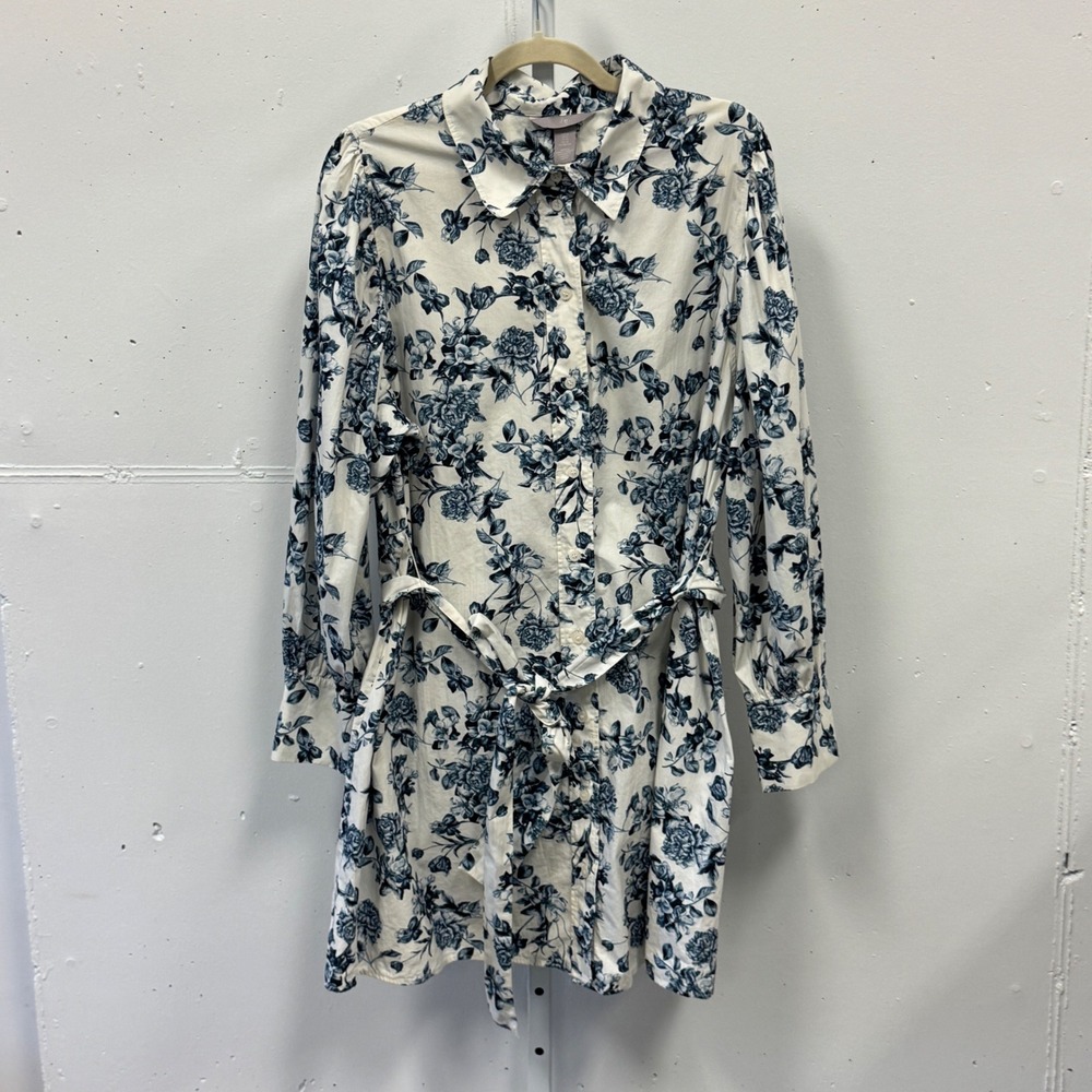 H&M Floral Cotton Shirt Tunic Dress XL Button Down Long Sleeve Belted Blue White